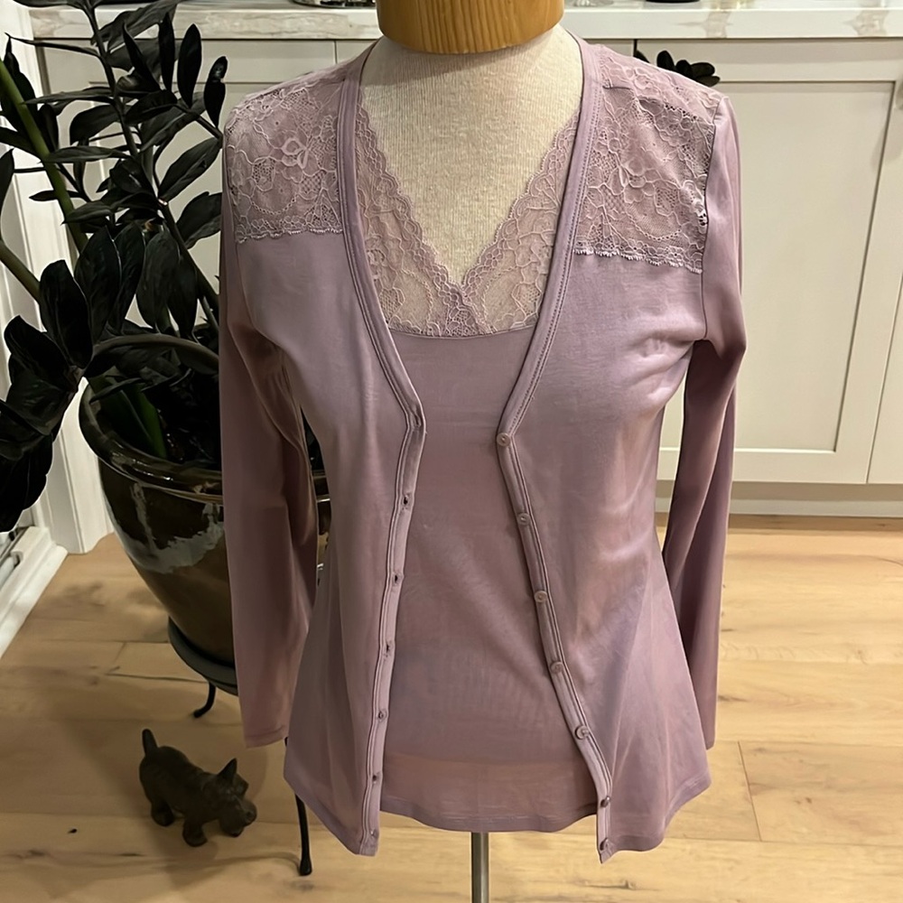 NWT Rosemunde silk blend lace shoulder cardigan and tank set in antique purple